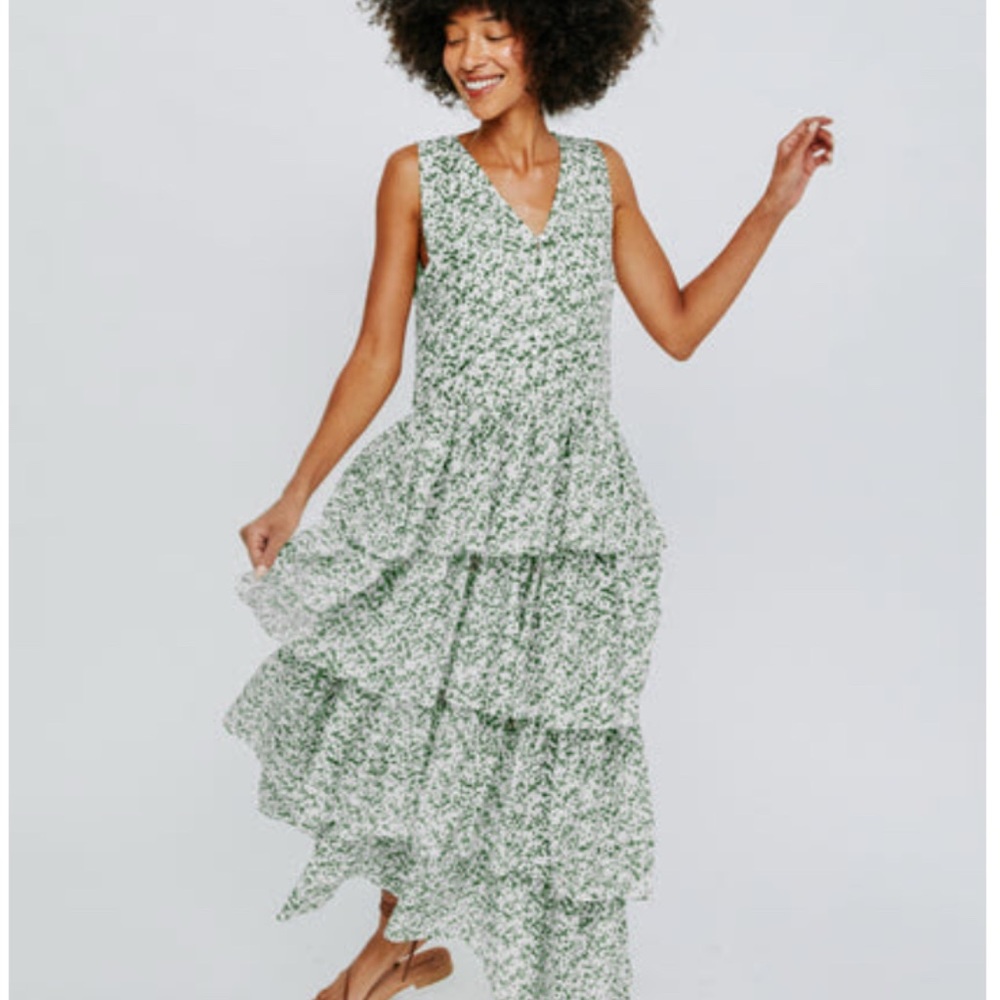 MIRTH Copacabana Floral Green Sleeveless Tiered Dress in Ivy Coral